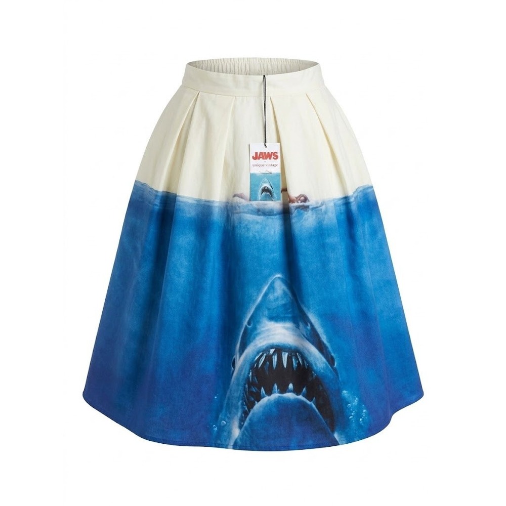 Unique Vintage Skirt Womens L Blue Jaws Great White Shark Swing Pleated Movie